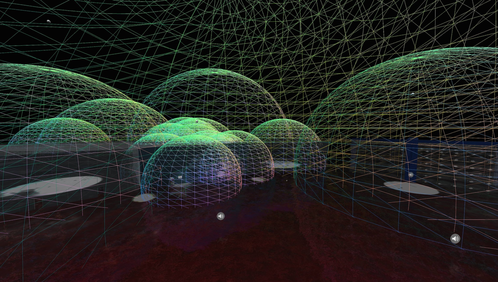 A landscape made of colorful wireframe spheres of various sizes