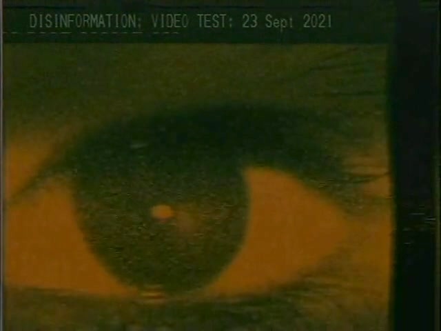 A grainy image of a human eye below the text 'DISINFORMATION VIDEO TEST: 23 Sept 2021'